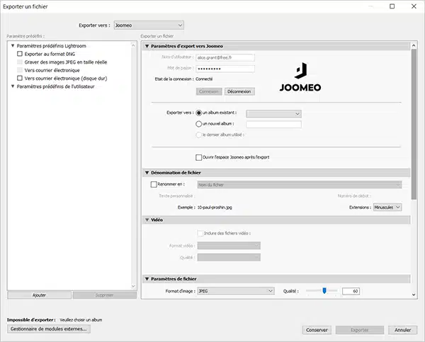 Screenshot of the Photoweb Cloud plugin in Lightroom Classic's Publish Services panel